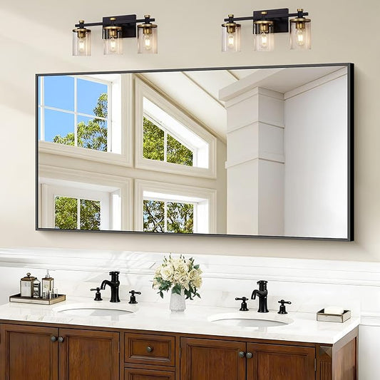 Black Bathroom Mirror for Wall, 55x30 Inch Rectangle Mirrors with Metal Frame, Modern Vanity Wall Mirror Decor for Bathroom Living Room, Entryway Hangs Horizontal or Vertical