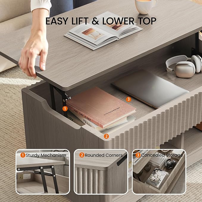 Amada Lift Top Coffee Table with Storage, Modern Center Table with Hidden Compartment, Rectangle Coffee Tables for Living Room, Small Spaces,Office,Grey