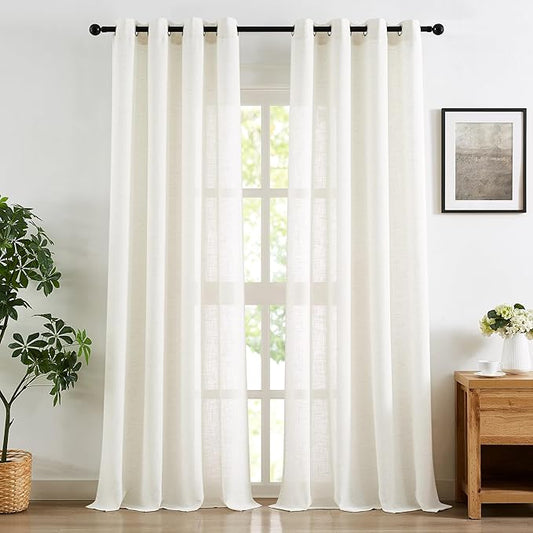 Treatmentex Flax Blend Linen Semi Sheer Curtains for Bedroom 52 x 63 White Light Filtering Privacy Curtain Draprs for Office Sun Room Grommet Top 2pcs