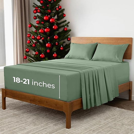 Mellanni Extra Deep King Sheets - 4 PC Iconic Collection Bedding - Hotel Luxury, Ultra Soft, Cooling Bed Sheets - Wrinkle, Fade, Stain Resistant (King, Sage)