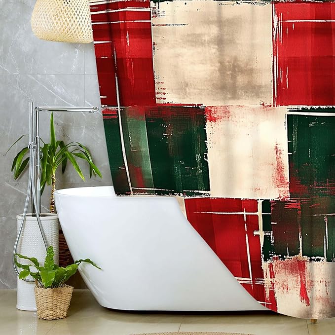 JAWO Christmas Plaid Shower Curtain, Red Green Abstract Christmas Plaid Shower Curtain for Bathroom, Waterproof Polyester Fabric Bathroom Curtains with Hooks for Xmas Holiday,60X72