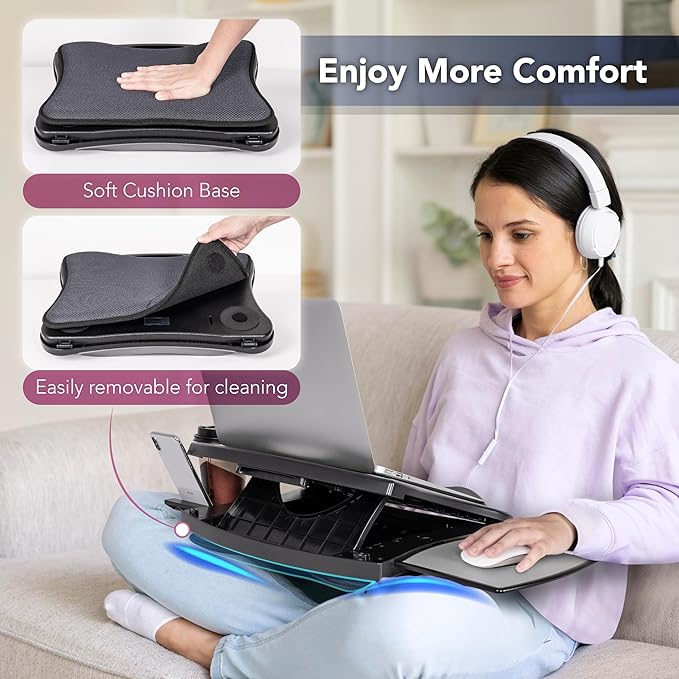 EHO Portable Lap Desk with Cushion, Detachable Mouse Pad Tray and Phone Holder, Adjustable Laptop Stand with 5 Angles, for Home, Office, Sofa, Bed