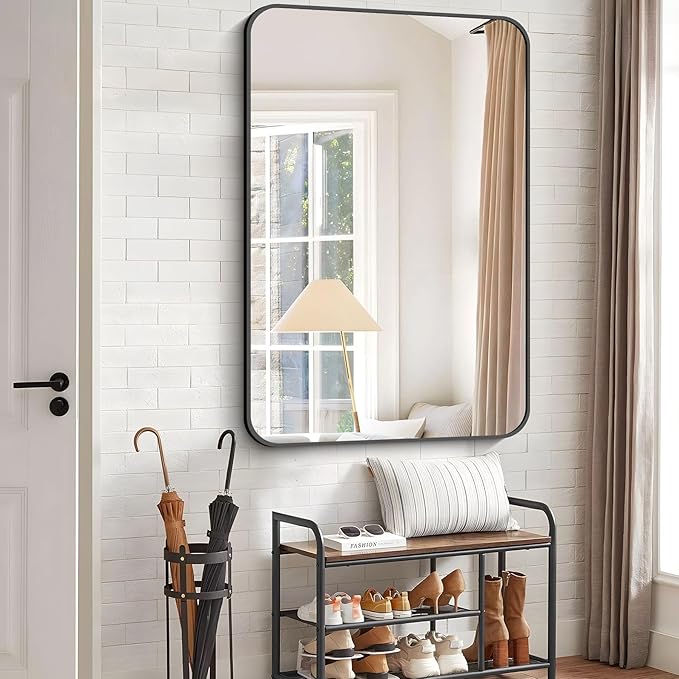 Bathroom Mirror, 55 x 36 inch Black Rectangle Wall Mirror, Metal Frame Rounded Corner Vanity Mirror, Large Wall Mounted Mirrors for Over Sink Bedroom Living Room Horizontal Or Vertical Mounting