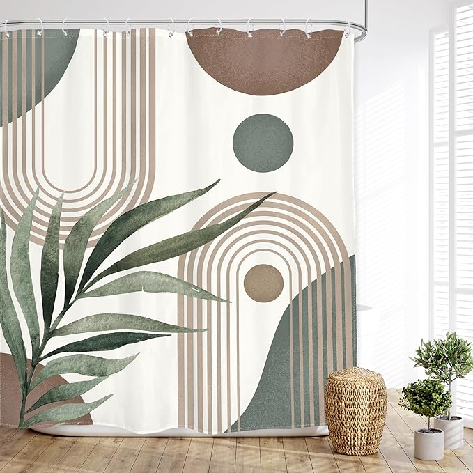 Glawry Boho Shower Curtain Extra Long Mid Century Abstract Plant Palm Leaves Modern Arch Bathroom Minimalist Geometric Aesthetic 72Wx84L Inches Bath Accessories Art Home Decor Fabric 12 Pack Hooks