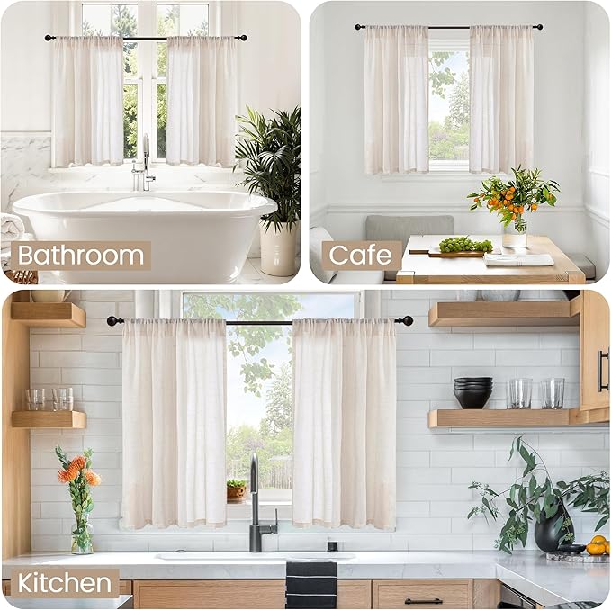 BGment Linen Curtains 45 Inch Length for Short Window - Oatmeal Rod Pocket Small Drapes Light Filtering for Cafe Bedroom Decorative Lightweight Natural Rustic, 2 Panels Set, 30 X 45 Inch