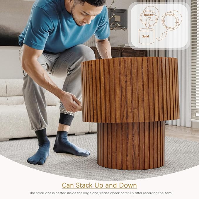 Round Coffee Table Set of 2 Modern Nesting Coffee Tables Wooden Drum Coffee Tables with Non-Slip Feet, Circle Nesting Tables End Table for Living Room Office, No Assembly (Brown 27.56"+19.69")