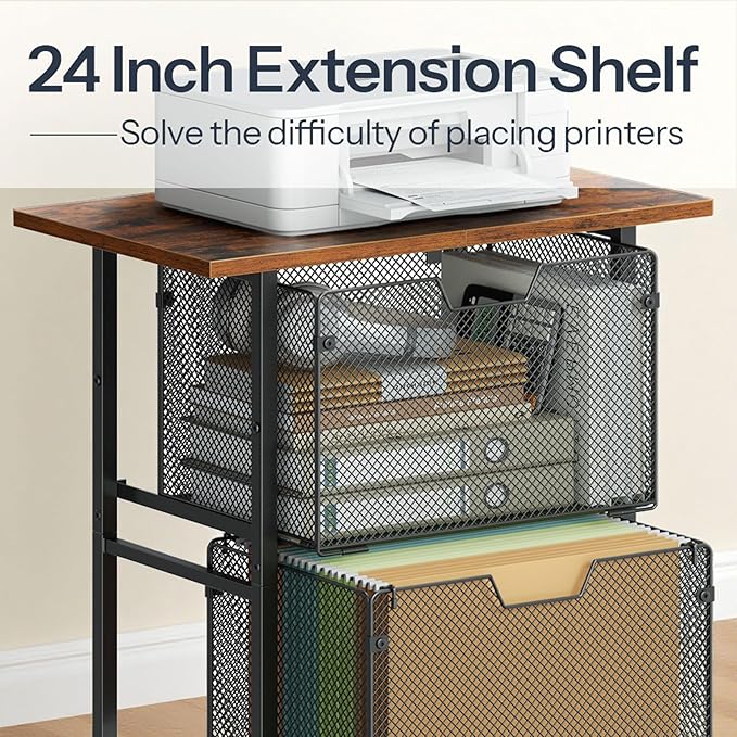 HOOBRO Rolling File Cart, 2 Drawer File Cabinet with 24'' Extended Desktop, Under Desk Mobile Small Filing Cabinet Storage Cart, Printer Stand Utility Cart, for Home Office, Rustic Brown BF41WJ01