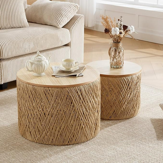 Kmax 24" Round Wood Nesting Coffee Table Set of 2 Handcraft Woven & Rope Rattan Sofa Tables Both with Storage Drum End Side Table for Small Space Living Room No Assembly Needed, Natural Color