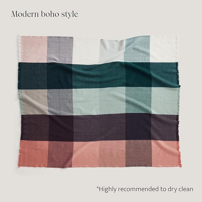 Double Stitch Alpaca Wool Throw Blanket - Warm, Soft Blanket for Couch, Luxury & Decorative Fleece Throw, Fall Plaid, Gift for Mother's Day, House Warming, 50" x 60", Sunset Glow