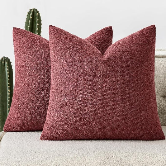 Woaboy Pack of 2 18x18 Inch Decorative Boucle Throw Pillow Covers Textured Square Pillowcaes Accent Solid Cozy Soft Cushion Covers Home Decor for Sofa Couch Living Room Home Decor,Burgundy