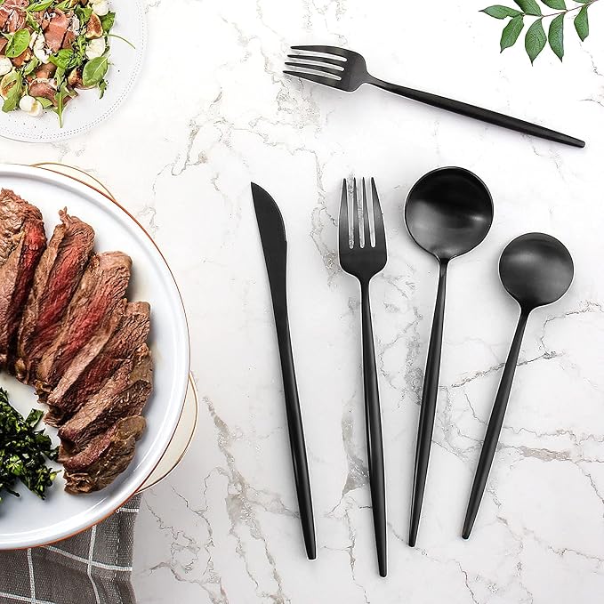 Matte Black Silverware Set for 12, IBIILII JEFF 60 Pieces Stainless Steel Flatware Set，Kitchen Utensil Set, Tableware Cutlery Set, Knife Spoons And Forks Set, Satin Finished Polished & Dishwasher Safe
