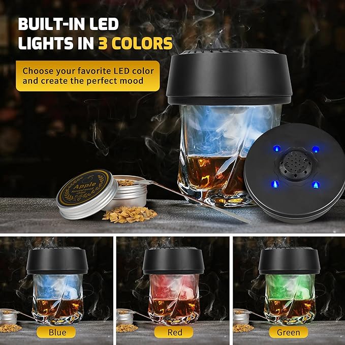 Electric Whiskey Smoker Kit, Rechargeable Cocktail Smoker Kit with 6 Wood Chips, Old Fashioned Smoker Kit Bourbon Drink Smoker Kit Birthday Christmas Gifts for Men, Dad, Husband (No Butane）