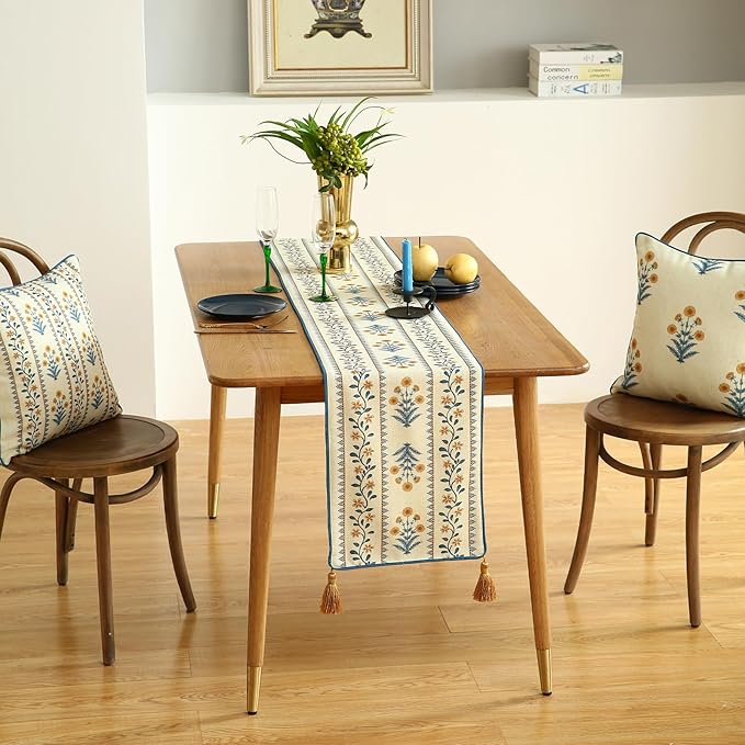 ISAENNE Designer Pale Yellow Elegant Linen Table Runner 102 Inches Long,French Floral Pattern Elegant Table Runners for Dining Tables,Thanksgiving,Kitchen Tables,Christmas,12"*102"-Estevan A