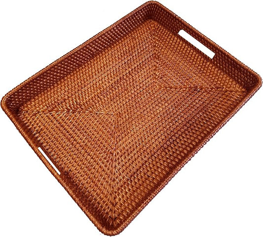 i-lan 17 Inch Oversize Handwoven Dark Brown Rattan Rectangular Serving Tray with Cutout Handles, 2.3” High Wall Decorative Woven Rattan Storage Baskets Organizer Platter for Bread, Fruits