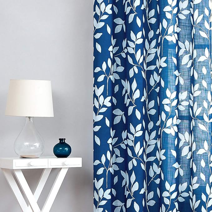 Royal Blue Semi Sheer Curtains for Sliding Glass Door 100"x 84" Extra Wide Glass Door Curtain Panels Linen Textrued White leaf Pattern Curtain Dripes for Living Room Window Draperies Grommet 1pcs