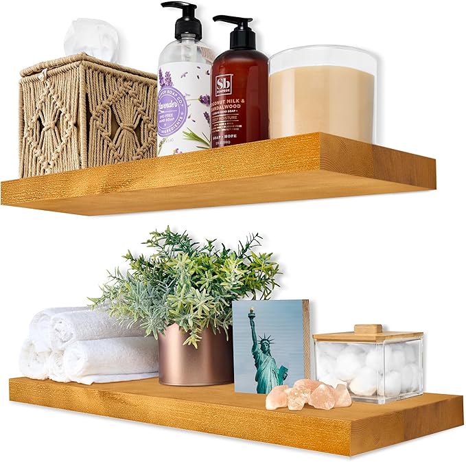 Sorbus Wood Floating Shelves for Wall - 16” Solid Wall Shelves for Bathroom, Bedroom & Living Room - Set of 2 Maple Wood Wall Mounted Shelves - Durable Solid Pine