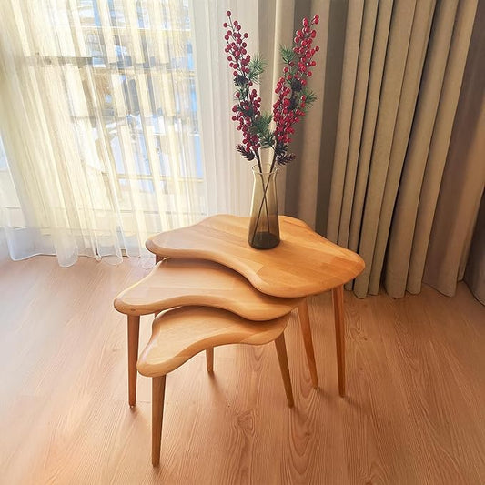 Nesting Coffee Tables, End Tables Set of 3 for Living Room Bedroom, Solid Wood Small Side Tables for Couch, Rustic Mid Century Modern Wooden Asymmetrical Table with Tapered Legs