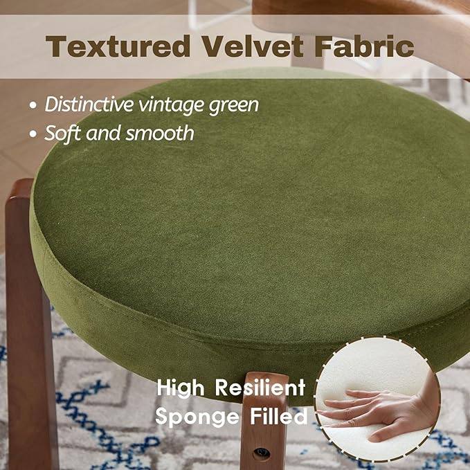 LukeAlon Cute Velvet Upholstered Vanity Stool, Round Makeup Stool with Wooden Legs Small Ottoman Chair Modern Padded Seat for Makeup Room Cloakroom Bedroom Entryway, Vintage Green