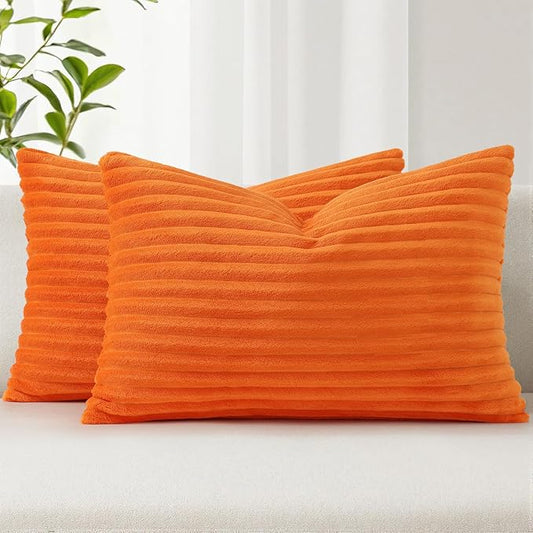 Simmore Decorative Fall Throw Pillow Covers 12x20 Set of 2, Soft Natural Plush Flannel Double-Sided Fluffy Lumbar Pillow Covers for Couch Sofa Living Room, Orange