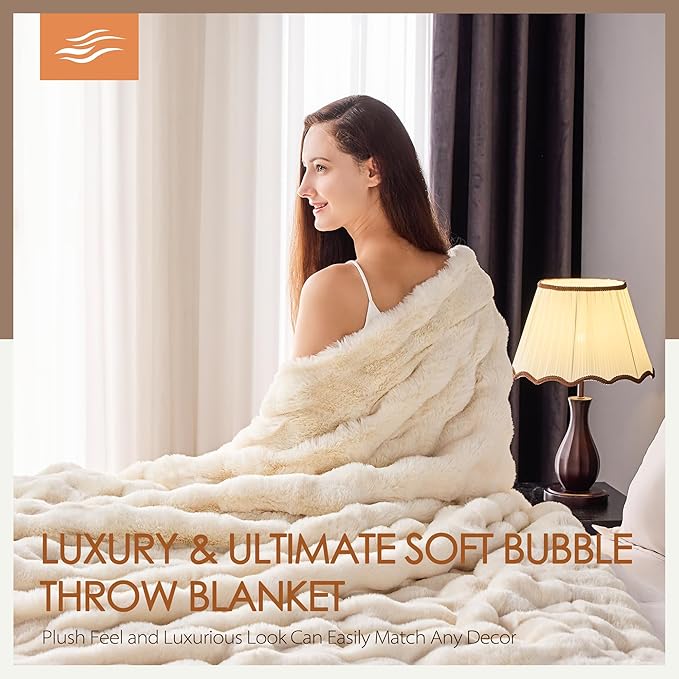 Luxury 1000GSM Faux Rabbit Fur Throw Blanket, Super Heavy Warm Cozy Blankets for Couch Bed Sofa, Bubble Plush Fuzzy Elegant Soft Reversible Mink Blanket for Living Room Bedroom, Cream White
