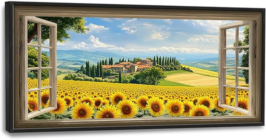 Sunflower Wall Art, Italy Pictures Wall Decor, Window Flower Canvas Prints Painting, Modern Large Framed Artwork For Living Room Office Bedroom Corridor 60"x 30"