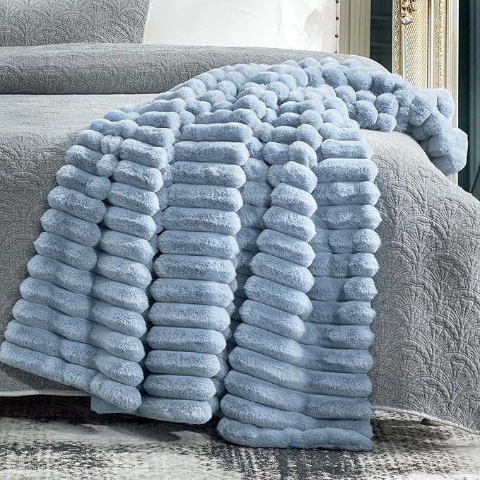 Cozy Bliss Faux Fur Throw Blanket for Couch, Cozy Warm Plush Striped Blanket for Sofa Bedroom Living Room, 90 * 90 Inches Light Blue