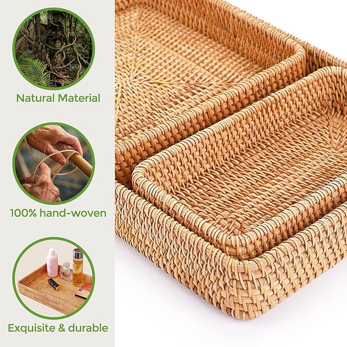 Rattan Serving Tray, Rectangle Basket Set of 3, Wicker Storage and Organizing Baskets, Natural Decorative Woven Tray for Home Decor, Bathroom, Kitchen Counter