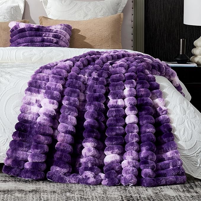 Cozy Bliss Faux Fur Throw Blanket for Couch, Cozy Warm Plush Striped Blanket for Sofa Bedroom Living Room, 60 * 80 Inches Tie-dye Purple