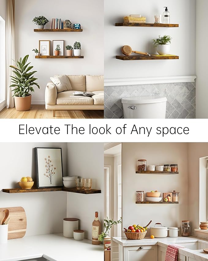 BAYKA Floating Shelves, 22.5 inch Rustic Wood Wall Mounted Shelves for Bedroom, Living Room, Kitchen & Office, Hanging Display Shelf with 22 lbs Capacity (Rustic Brown,Set of 2)