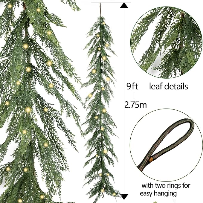 9ft Handmade Christmas Garland with LED String Lights,Cedar Artificial Greenery,Seasonal Garland for Fireplace Winter Holiday Indoor Outdoor Decoration