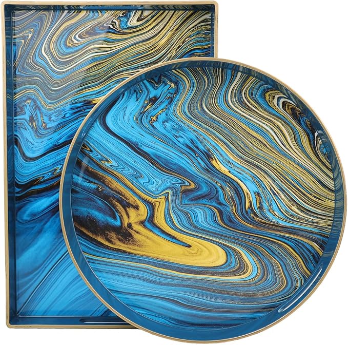 Spsyrine Round Decorative Tray, 13" Plastic Marble Serving Tray with Handles for Breakfast, Ottoman, Coffee Table, Bathroom, Kitchen, Living Room