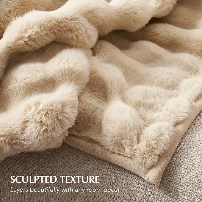 EverGrace Ultra Soft Luxury Fluffy Faux Rabbit Fur Throw Blanket, Thick Warm Bubble Throw for Bed, Cozy Plush Reversible Blankets for Couch, Chair, Sofa, Cream, 60x80 Inches