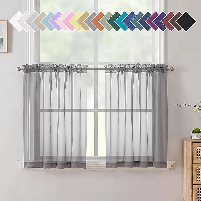 Aiyufneg Small Sheer Tier Curtains Half Kitchen Curtain Sheers, Light Filtering Farmhouse 24 Inch Window Panels Rod Pocket Grey Voile Short Curtain for Bathroom, 40W x 24L, Set of 2 Panels