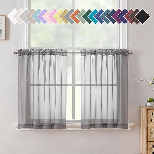 Aiyufneg Small Sheer Tier Curtains Half Kitchen Curtain Sheers, Light Filtering Farmhouse 24 Inch Window Panels Rod Pocket Grey Voile Short Curtain for Bathroom, 40W x 24L, Set of 2 Panels