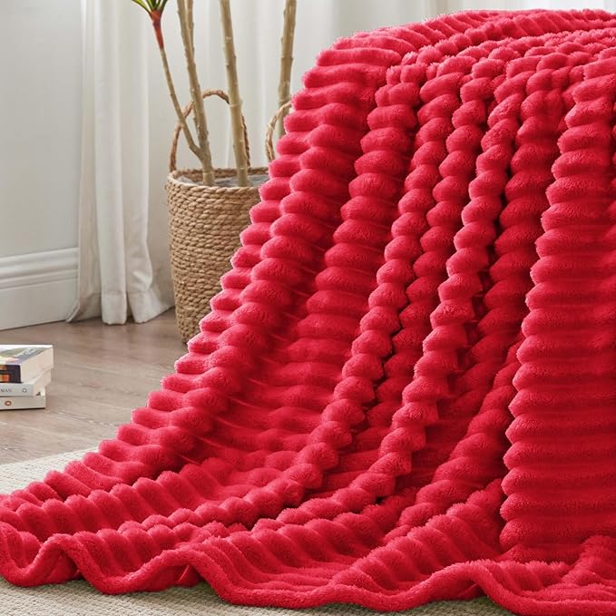 BEDELITE Blankets Queen Size for Bed, 300GSM Soft & Warm Fleece Blanket, Decorative and Giftable Striped Red Blankets for Women, Men, 90"x90"