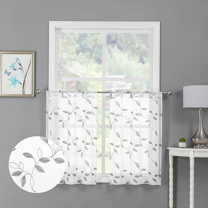 Tollpiz Grey Leaf Sheer Tier Curtains Leaves Embroidered Kitchen Short Curtain Rod Pocket Voile Bathroom Curtains for Cafe, 30 x 24 inches Long, Set of 2 Panels