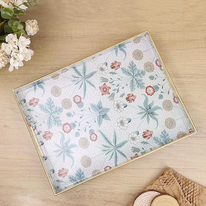 Rectangle Serving Tray with Handles, Coffee Table Tray for Ottoman, Living Room, Outdoor Tray for Patio Entertaining, Serving Breakfast Kitchen Platter, Daisy
