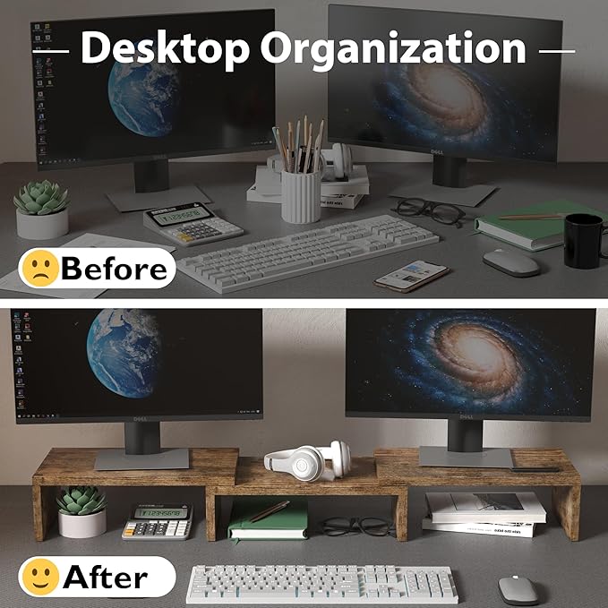 BONTEC Dual Monitor Stand for Desk, Adjustable Length and Angle Monitor Stand Riser with Smartphone Holder, Desk Shelf for Top of Desk, Computer Monitor Stand with Storage, Office Desk Organizer, Rustic Brown