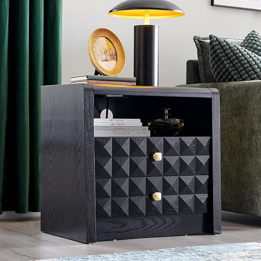 Modern Nightstand with Charging Station, Wood End Table w/2 Storage Drawers and Open Shelf, Mid Century Modern Bedside w/Diamond Panel Decorate for Bedroom, Curved Profile Design, Black