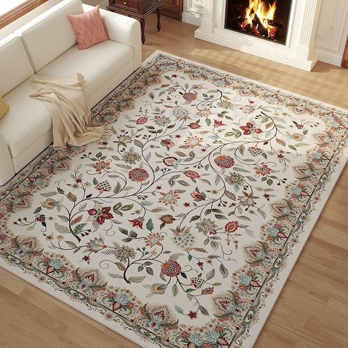 Rugcomf Vintage Paisley Rugs for Living Room 5'x7' - Machine Washable Area Rug, Non-Slip Low Pile Floral Carpet for Bedroom, Dining Room, Farmhouse, Office, Kids Playroom - Beige
