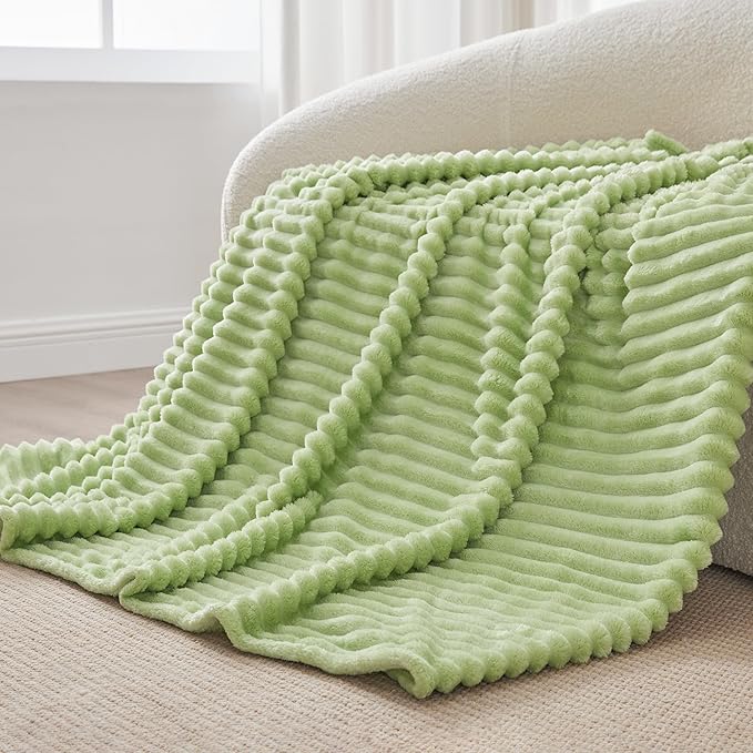 BEDELITE Grass Green Throw Blanket for Couch - 300GSM Soft & Cozy Fluffy Fleece Blanket, Decorative and Giftable Striped Blankets for Women, Men, 50"x60"