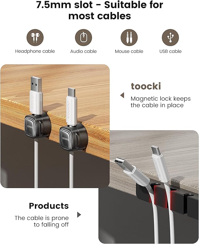 12 Pack Magnetic Cable Clips – Cord Organizer & Holder, Toocki Adhesive Cable Management, Wire Holder for USB Charging Cables, Ideal for Home, Office, Car, Desk, and Nightstand-Black