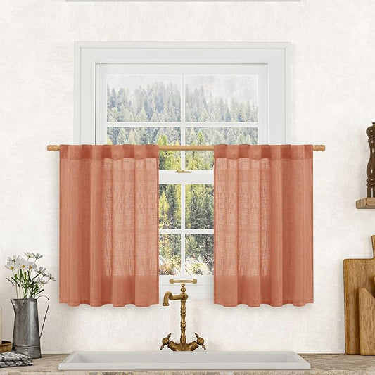 LAMIT Short Window Linen Curtains 36 Inch Length 2 Panels, Terracotta Light Filtering Panels Back Tab and Rod Pocket Neutral Drapes for Bathroom/Loft Room, 34 x 36 Inch