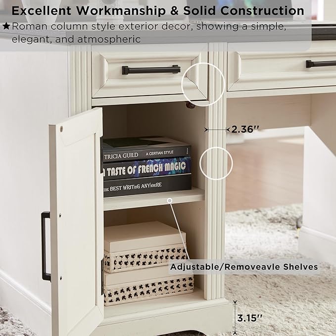 JXQTLINGMU Farmhouse 76" Height Computer Desk with Hutch, Office Desk with Charging Station, Drawers and Storage Cabinet, Workstation for Office Home, Off White