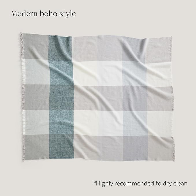 Double Stitch Alpaca Wool Throw Blanket - Warm, Soft Blanket for Couch, Luxury & Decorative Fleece Throw, Fall Plaid, Gift for Mother's Day, House Warming, 50" x 60", Sage Valley