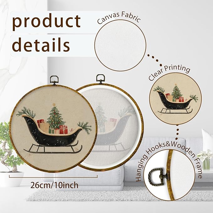 XPH Vintage Christmas Sleigh Round Wall Art Framed, Rustic Winter Christmas Circle Wall Decor, Neutral Cozy Winter Xmas Hanging Canvas Prints for Home Bedroom Living Room Decoration, 10x10 Inch