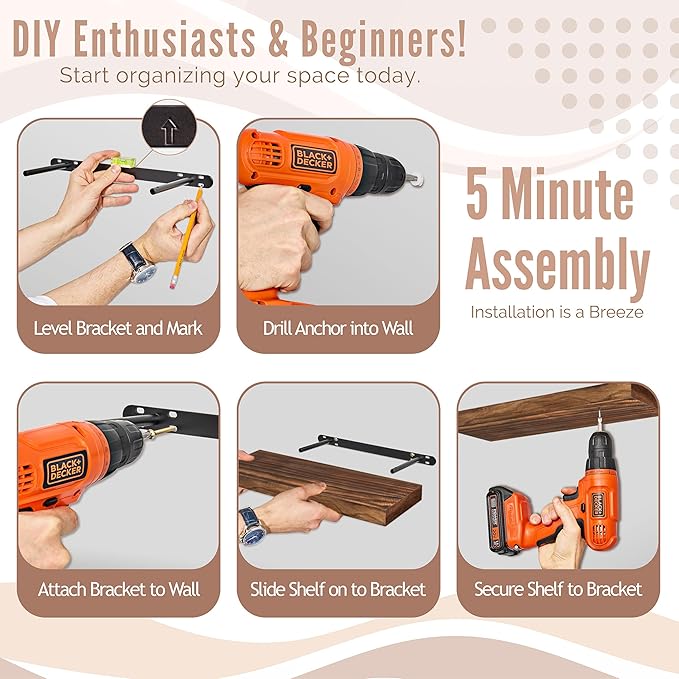 Sorbus Wood Floating Shelves for Wall - 24” Solid Wood Wall Shelves for Bathroom Decor, Books, Bedroom & Living Room - Set of 2 Walnut Wall Mounted Kitchen Shelves - Durable Solid Pine