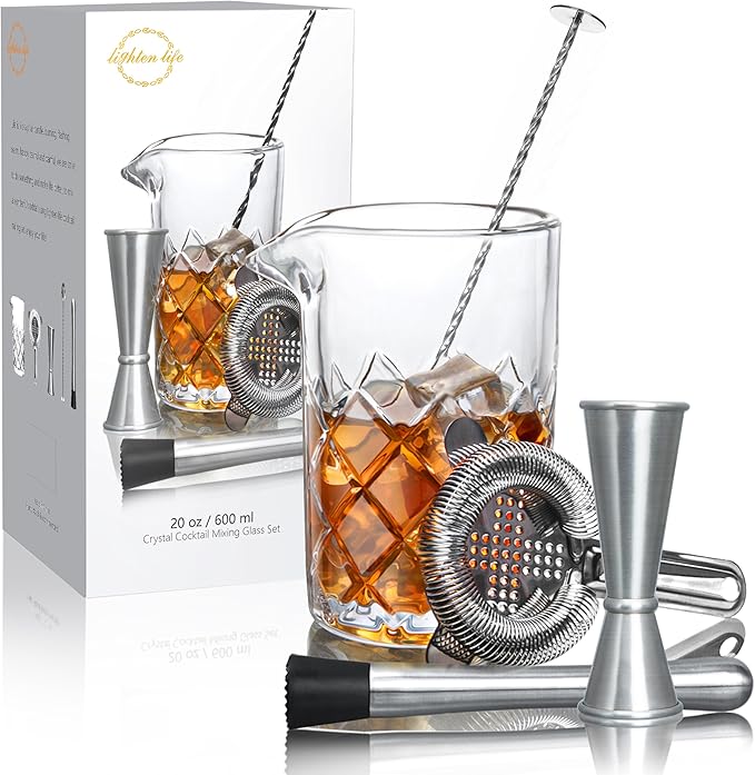 LIGHTEN LIFE Cocktail Mixing Glass Set,Bar Mixing Set with 20oz Crystal Thick Bottom Glass,Spoon, Jigger,Strainer and Muddle,5 Pieces Cocktail Mixing Glass Kits Perfect for Amateurs and Bartenders