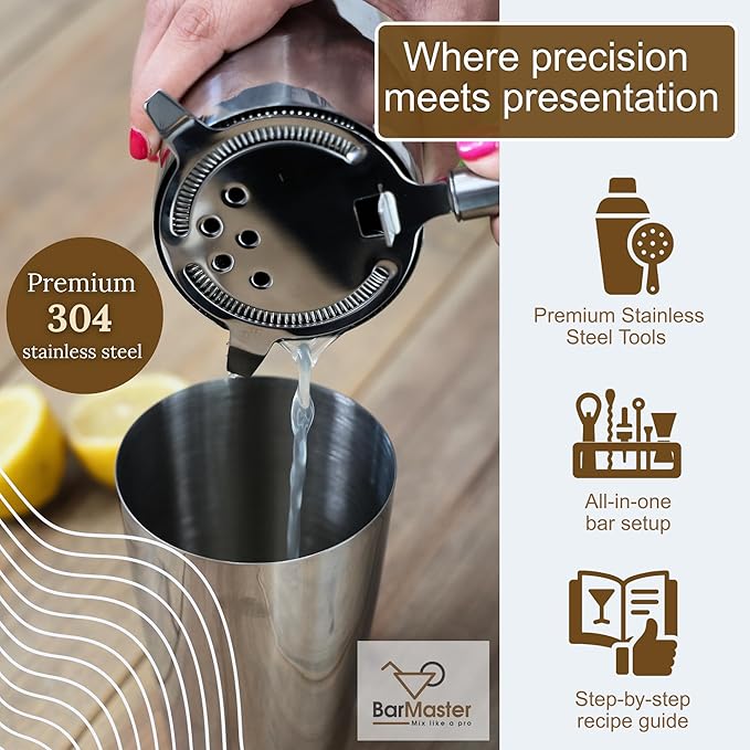 BarMaster® Cocktail Shaker Set – Bartender Kit with Bar Tools & Accessories – Mixology Set for Home Bar – Premium Cocktail Set, Martini Shaker, Barware Kit with Stand
