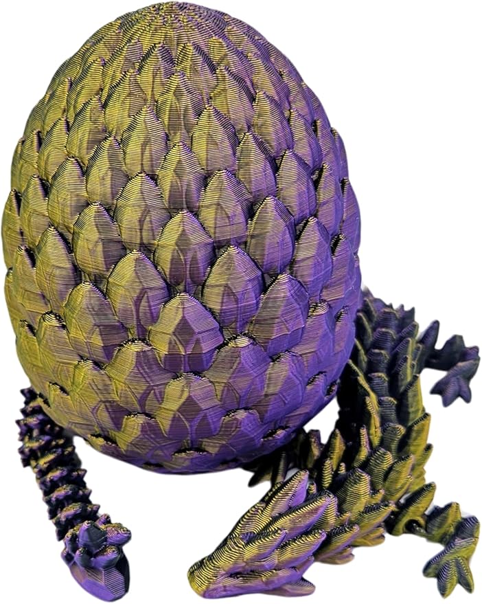 3D Printed Dragon Egg Articulating Gemstone Dragon Fidget Figurine - Vibrant Color Dragons Flexible ADHD, Autism and Anxiety Relief - Articulated Joints (Gold Purple Black)